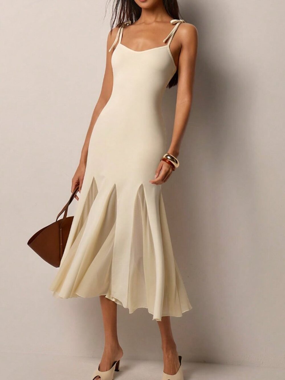 Apricot Elegant Women's Casual Tie-strap Patchwork Hem Midi Dress